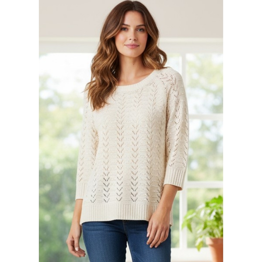 Sonoma Open Knit 3/4 sleeve Sweater Cream Size L Petite